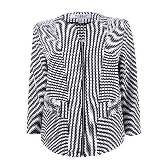 Kasper Women's Zip-Up Jacquard Blazer - Black/Cream - Picture 1 of 2